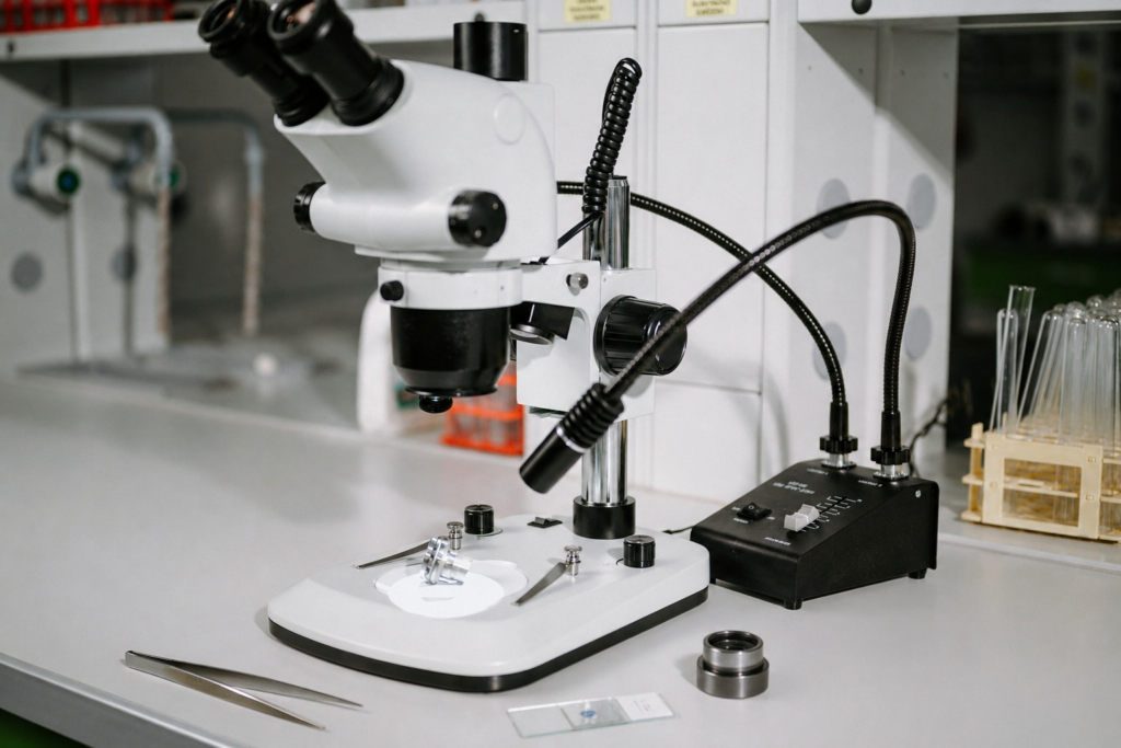 Stereomikroskop s osvětlením na laboratorním pracovním stole s pinzetou, sklíčkem a drobným příslušenstvím připraveným pro pozorování.